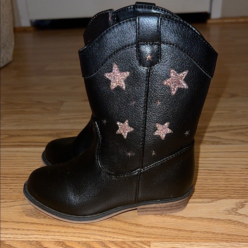Cat & Jack Black Cowgirl/Cowboy Boots with Glitter Pink stars